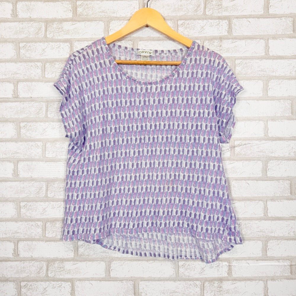Orvis Womens XL 100% Linen Knit Top Purple Blue Abstract Geometric Cap Sleeve